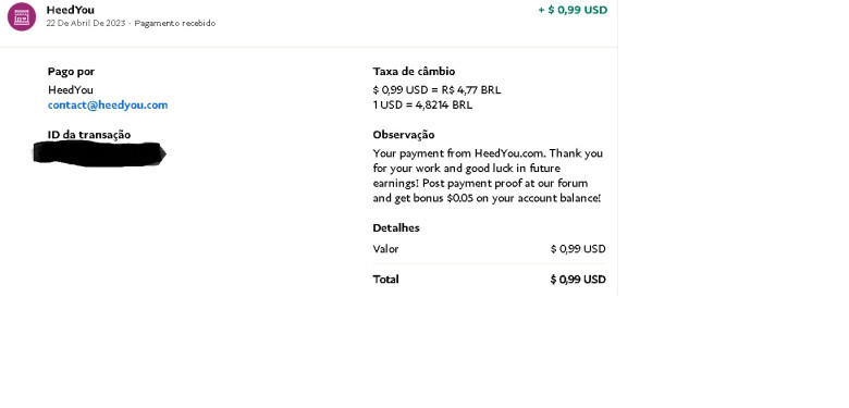 Quinto Pagamento HeedYou no Paypal