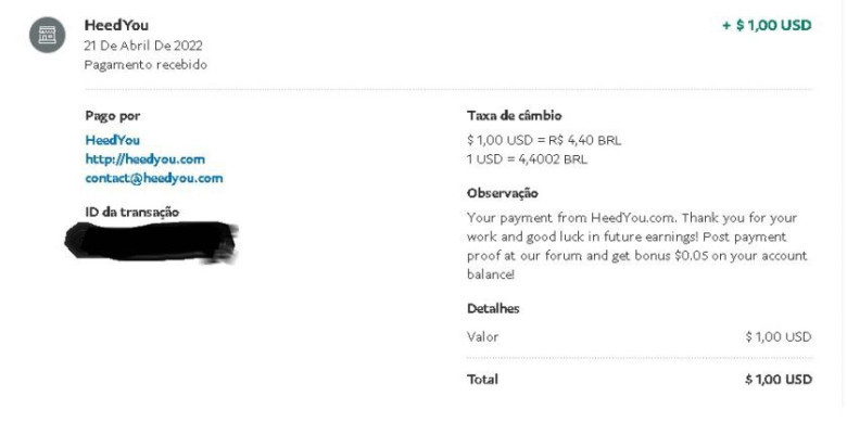 Primeiro Pagamento HeedYou no Paypal